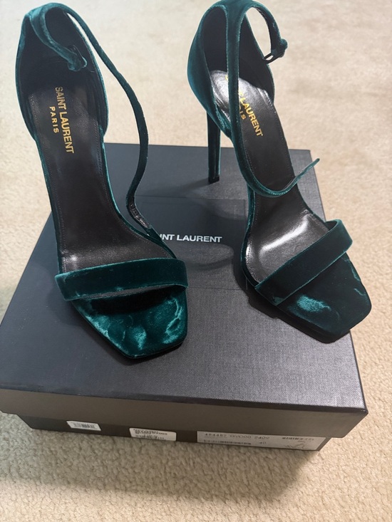 Saint Laurent Shoes - Saint Laurent Emerald Green Velvet Ankle-Strap Stilettos